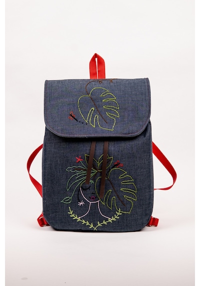Fabric Craft Bag Sırt Çantası Kot Kumaş Nakışlı Astarlı 38x40 Cm Kot