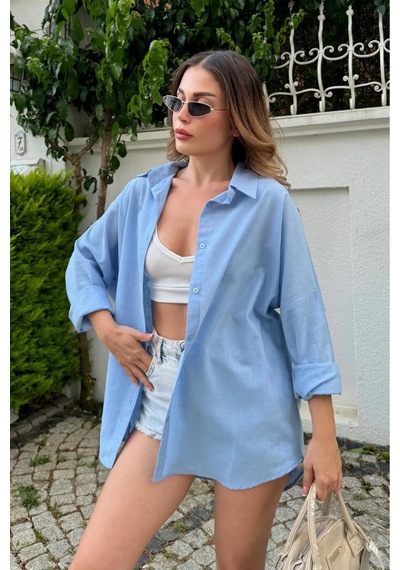 Rouge Basıc Oversize Keten Dokulu %100 Pamuk Salaş Gömlek Mavi