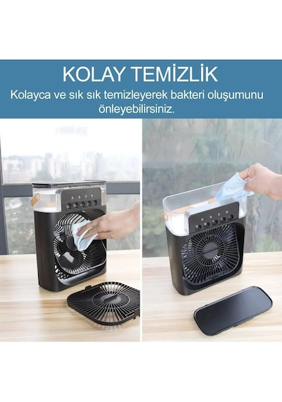 Taşınabilir Işıklı 5 Spreyli Vantilatör Buzlu Buharlı Vantilatör Mini Fan Nemlendirici Siyah