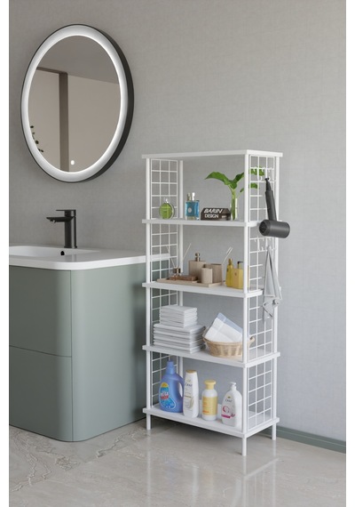 5 Katlı Çevir Kur Beyaz Metal Telli Banyo Rafı Çok Amaçlı Düzenleyici, Organizer Stand Banyo Dolabı Beyaz