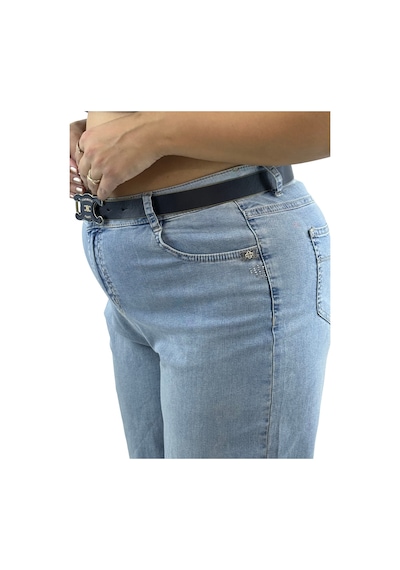 Büyük Beden Denim Kemerli Yüksek Bel Toparlayıcı Bol Paça Kadın Pantolon Mavi