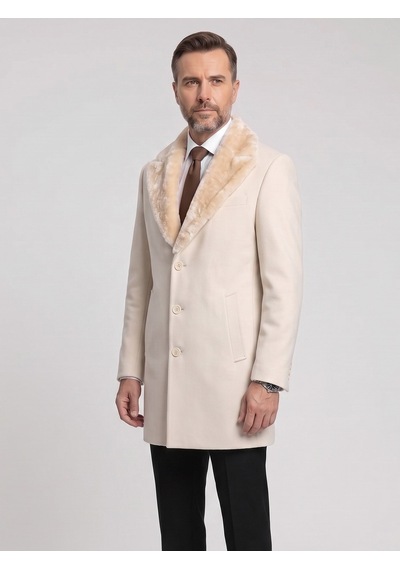 Plus Scorpion Erkek Uzun Kaşe Kaban Çıkartılabilir Kürk Yaka, Astarlı Ve Cepli Slim Fit Mont Krem