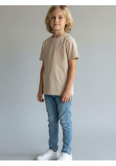 Zekids Çocuk Pamuklu Basic Yuvarlak Yaka T-shirt-16714 Bej