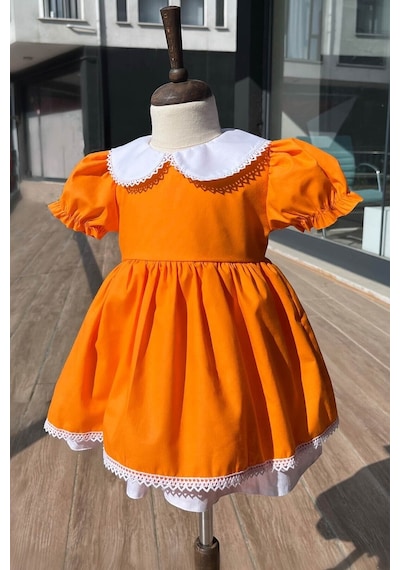 Dantel Detaylı Bebe Yaka Kız Çocuk Bebek Turuncu Pamuklu Elbise 001