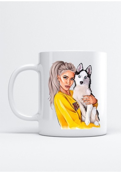 Kadın Ve Sibirya Kurt Köpeği Baskılı Porselen Kupa Bardak Beyaz