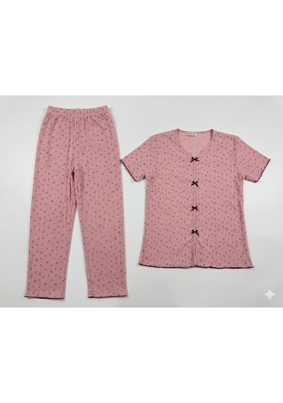 Sleeproom Yazlık Pudra Çiçek Desenli Kısa Kol Penye %100 Pamuk Pijama Takım Pembe Leylak Çıtır Çiçek