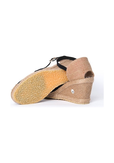 Star Tombis Gerçek Elişi Siyah Bilekten Bantlı Topuğu Açık Keten Espadril Dolgu Topuk Handmade Siyah