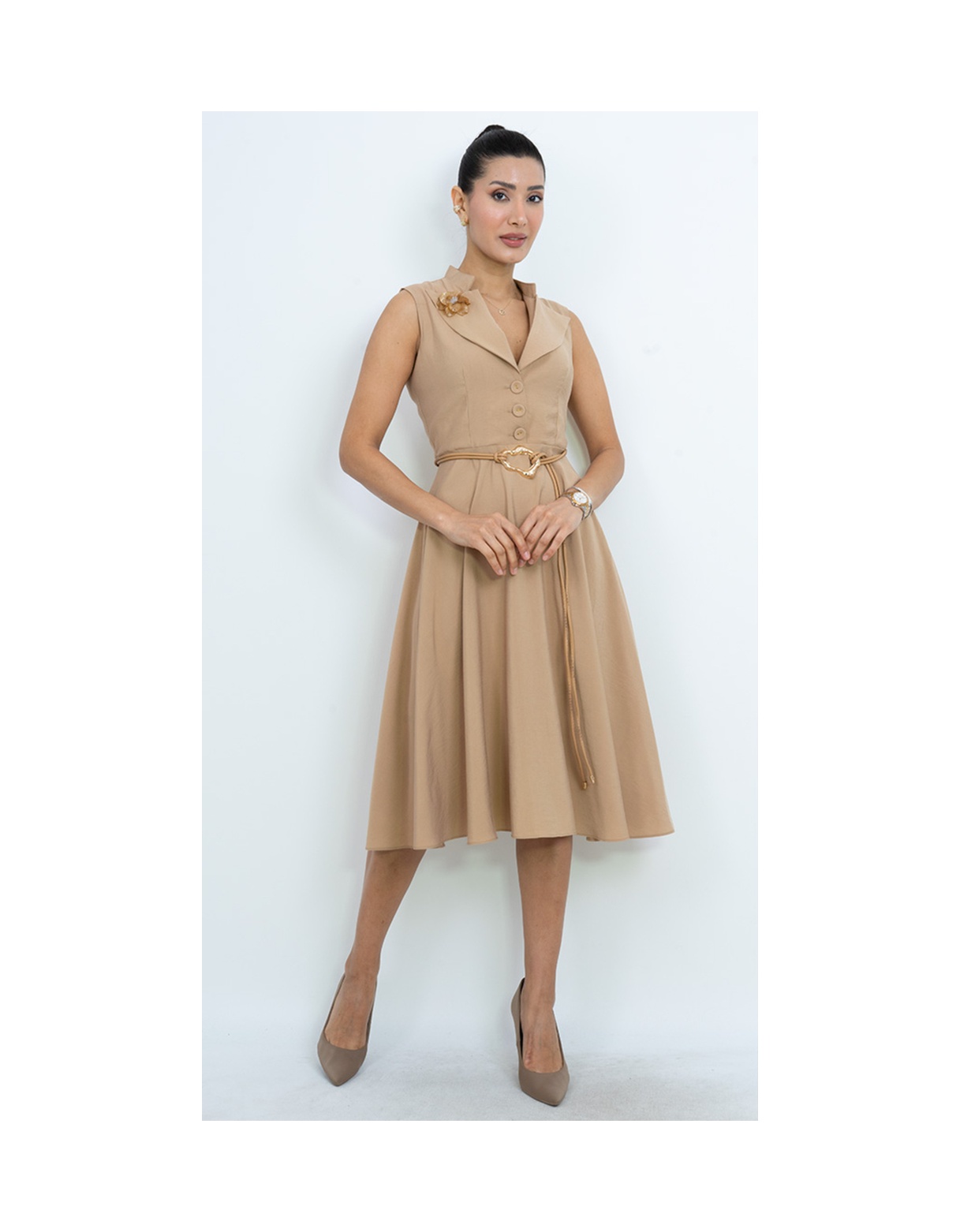 Dorne Moda Çiçek Aksesuarlı Kruvaze Yaka Kemerli Midi Elbise - Düğün - Mezuniyet - Ofis Şıklığı Bej Bej Dorne Moda Çiçek Aksesuarlı Kruvaze Yaka Kemerli Midi Elbise - Düğün - Mezuniyet - Ofis Şıklığı Bej Bej