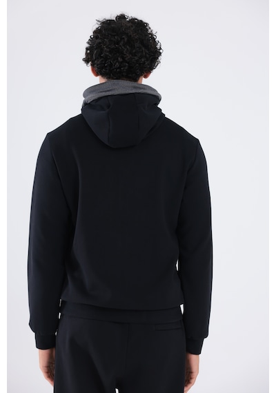 Rowinger Modal Kumaş Kapüşonlu Fermuarlı Kontrast Detaylı Erkek Sweatshirt Siyah