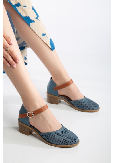 Analin Shoes Kadın Hakiki Deri Burnu Kapalı Delikli Sandalet Mavi