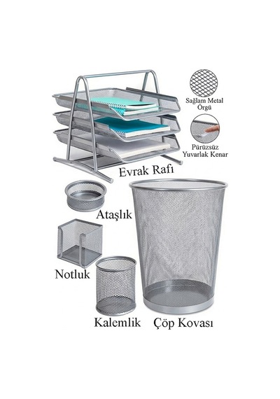 Gümüş Gri Metal Evrak Rafı 3 Lü Masaüstü Kalemlik 3 Lü Ve Fileli Çöp Kovası 1 Paket Masaüstü A4 Dosya Düzenleyici Not Gümüş Gri