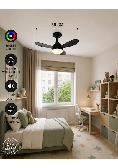 German New Black Super Fan 60 Cm Kalın Kanat Dim Ayarlı Tavan Vantilatörü Rgb Led 16 Renk Sessiz Sinek Kovar