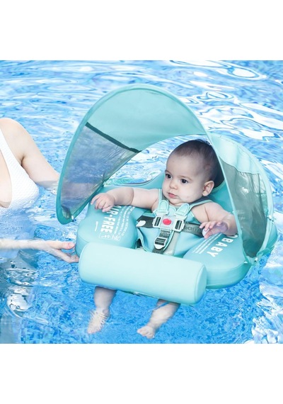 Mambobaby Yüzme Simidi - Yeşil Fil, Emniyetli, Gölgelikli Ve Ayak Destekli
