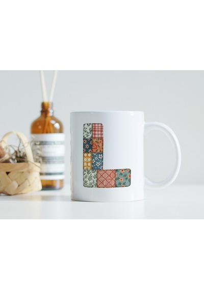 L Harfi Renkli Yamalı Tasarım Kupa Bardak - Bohem Patchwork Desenli Kupa - Etnik Hediyelik Beyaz