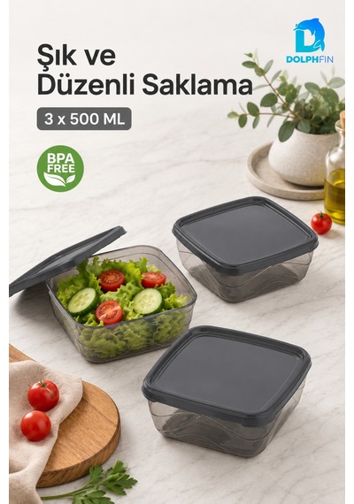 3 Lü Kare Saklama Kabı Seti 3x500 Ml Füme Şeffaf Siyah Kapaklı Bpa İçermez