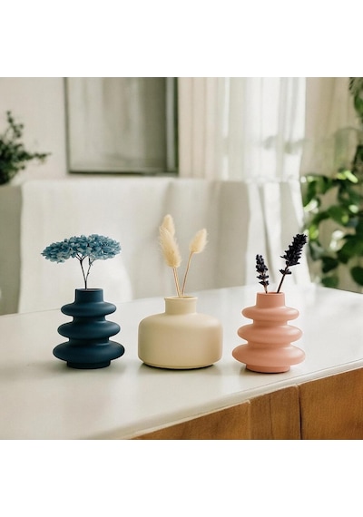 3'lü Mini Vazo Seti Pampas & Kuru Çiçek İçin İskandinav Pastel Taş Vazolar, Raf & Mas Çok Renkli