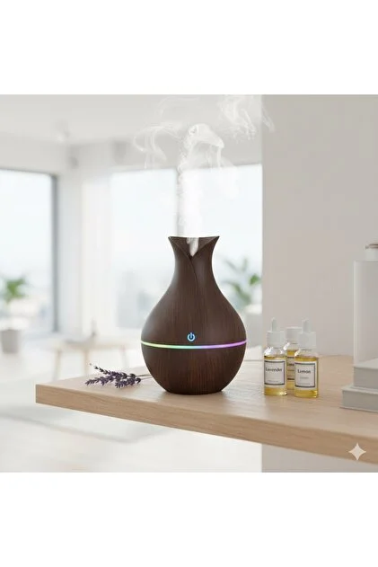 Dekoratif Ahşap Görünümlü Buhar Makinesi - 7 Renk Rgb Işıklı Aroma Difüzör Hava Nemlendirici