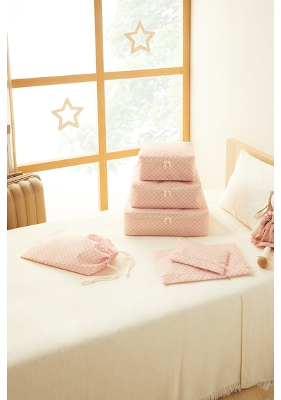 Ocean Home Textile 6'lı Pembe Dama Desen Pamuklu Bavul İçi Düzenleyici Set Pembe