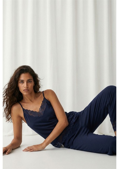 Siyah İnci Pamuklu Ip Askılı Dantelli Pijama Takım 7558 Lacivert