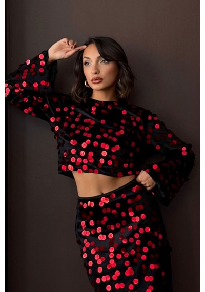 Verymoda Pullu Kadife Bluz Siyah Kırmızı