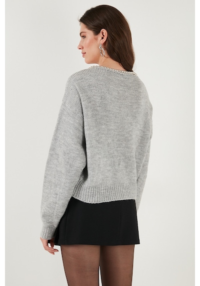 Lela Premium Boncuk Ve Fiyonk Detaylı Regular Fit V Yaka Triko Bayan Hırka 680Hi00180 Gri