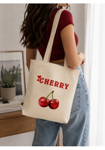 Lunora Collection Cherry Kiraz Baskılı Körüklü Kanvas Bez Çanta Ham Renk
