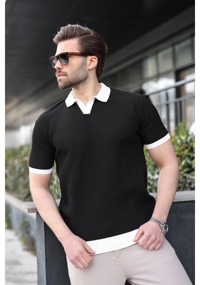Madmext Siyah Polo Yaka Triko Erkek Tişört E7464 Siyah