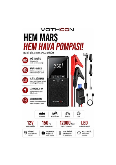 12000 Mah Akıllı Akü Takviye Ve Dijital Hava Pompası Akım Korumalı Evimdeyokyok