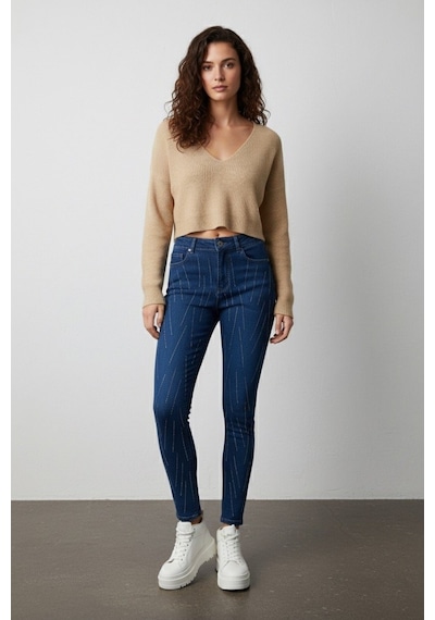 Kene Jeans Kadın Çapraz Taşlı Lacivert Kot Dar Paça Lacivert