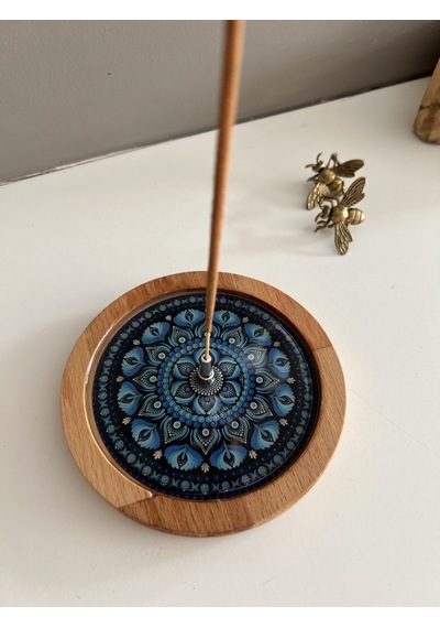 Ahşap Üzerine Epoksi Mandala Desenli Yuvarlak Tütsülük -12 Cm Çap- Mavi
