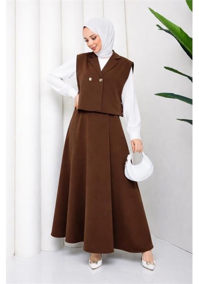 Neşeli Butik Kadın Kahverengi Düğme Detaylı Yelek Bluz Etek Üçlü Tesettür Takım Nbft007 Neşeli Butik Kadın Kahverengi Düğme Detaylı Yelek Bluz Etek Üçlü Tesettür Takım Nbft007