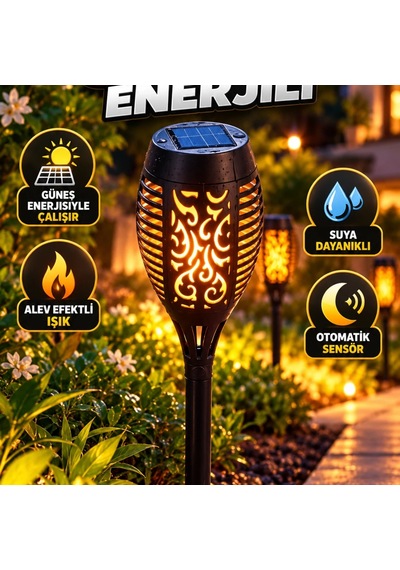 Güneş Enerjili Alev Efektli Bahçe Lambası Sensörlü Dekoratif Dış Mekan Aydınlatma