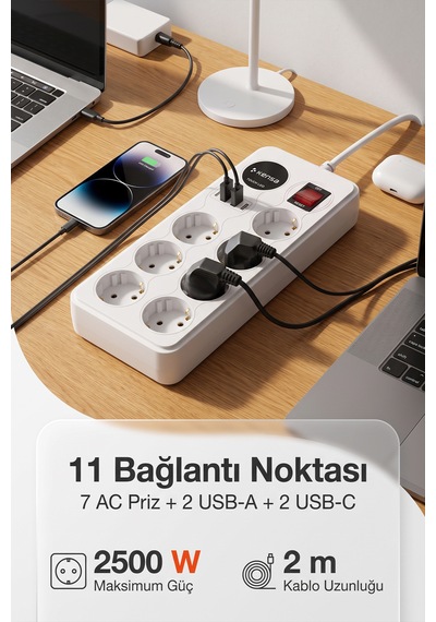Akım Korumalı Priz 7'li + 2x Usb-a + 2x Usb-c 2 Metre Kablo 0 - 2 M