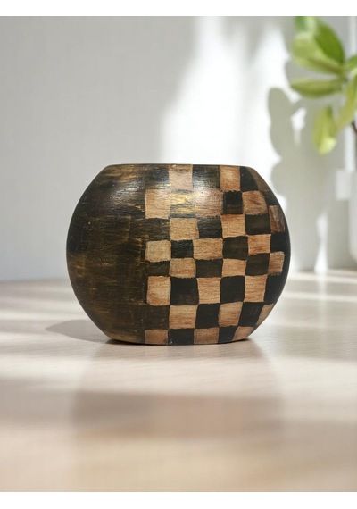 Seramik El Yapımı Yatay Vazo 18x24cm Bej - Siyah