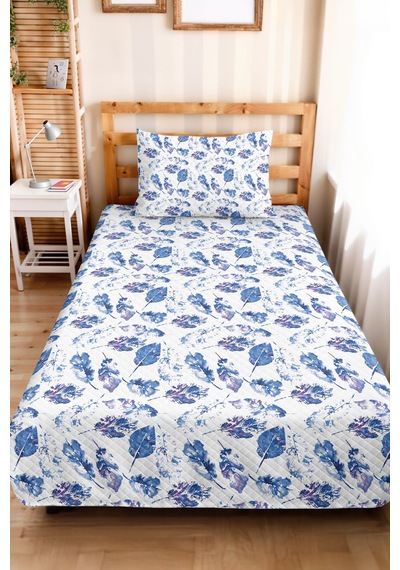 Mavi Yapraklı Modern Genç Odası Tek Kişilik Pike Takımı-mor Botanik 160x220 Cm Kapitone Yatak Örtüsü Gri