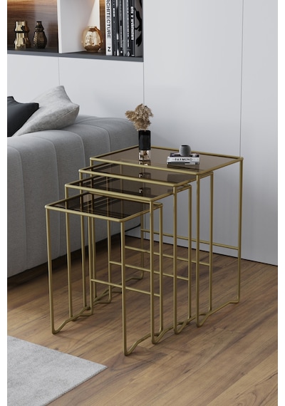 Faymend Mimoza 4 Lü Zigon Sehpa, Metal Sehpa, Cam Sehpa 'gold - Bronz' Eskitme Gold - Bronz Cam