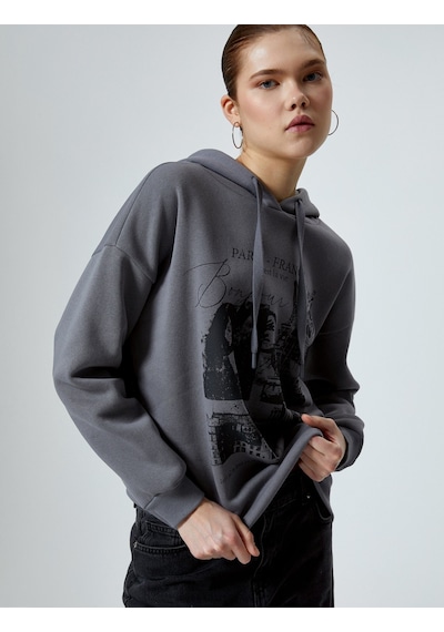 Koton Kapşonlu Sweatshirt Baskılı Uzun Kollu Gri 4sal10469ık Gri
