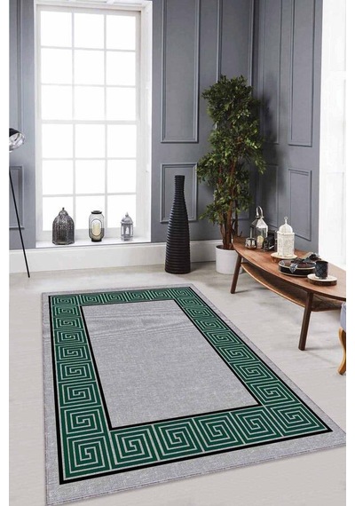 Yeşil Çerçeveli Kaymaz Taban Makinede Yıkanabilir Halı Rv048n11