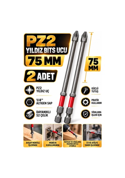 Pz2 Yıldız Bits Uç 75 Mm 2 Adet S2 Çelik 1/4 İnç Altıgen Şaftlı Tornavida Vidalama Ve Sökme Ucu