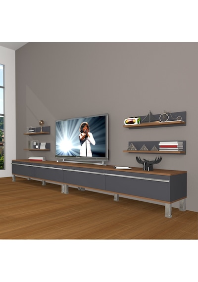 Decoraktiv Eko 360r Mdf Krom Ayaklı Tv Ünitesi Tv Sehpası Ceviz - Siyah