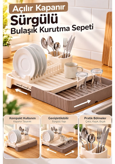 Açılır Kapanır Sürgülü Bulaşık Kurutma Sepeti - Sürgülü Bulaşıklık Bej