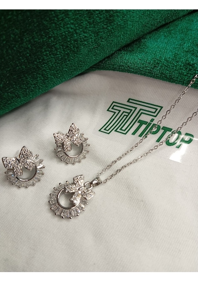 Tiptop/ Gümüş Renk Zirkon Taşlı Baget Fiyonk Model Kolye Ve Küpe Seti Gümüş