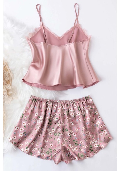 Merry See Dantel İşlemeli Çiçek Desenli Şort Pijama Takımı Pembe