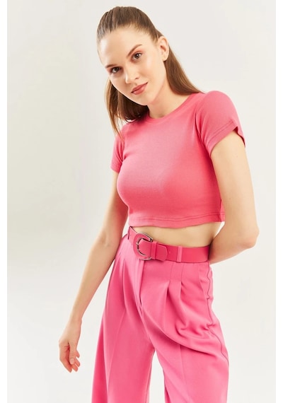 Butikgiz Kadın Kısa Kol Bisiklet Yaka Vücuda Oturan %100 Pamuklu Kaşkorse Esnek Crop Bluz Pembe