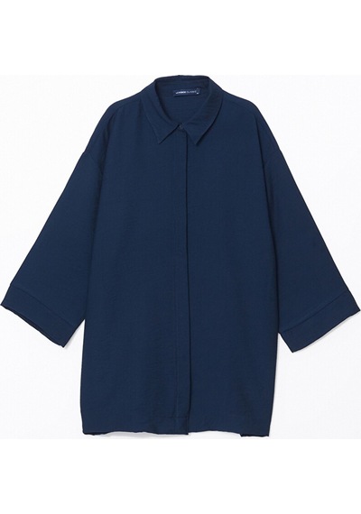 Lcwaıkıkı Classic Lacivert Oversize Armürlü Kadın Gömlek