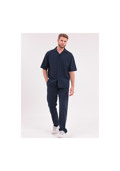 Erkek Siyah Keten Takım Oversize Gömlek & Pantolon 2'li Set Bağcıklı Rahat Yazlık Kombin Lacivert