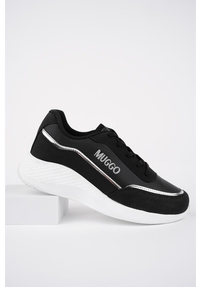 Muggo Happy Garantili Kadın Ortopedik Günlük Bağcıklı Şık Rahat Sneaker Spor Ayakkabı Siyah - Beyaz