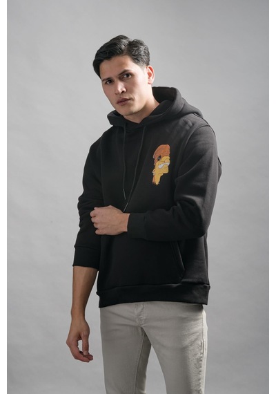Regular Fit Kapşonlu 3 İplik Kalın İçi Polarlı Kangru Cepli Baskılı Erkek Sweatshirt 001