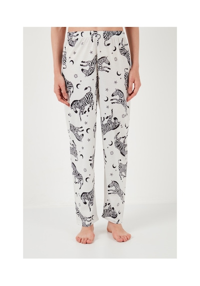 Lela Desenli Kısa Kollu Beli Lastikli Gömlek Yaka Dokuma Regular Fit Bayan Pijama Takımı 6571010 Ekru-Siyah