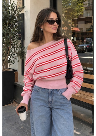 Sayzen Your Shine Trend Kayıkçı Yaka Çizgili Kadın Triko Kazak Pembe